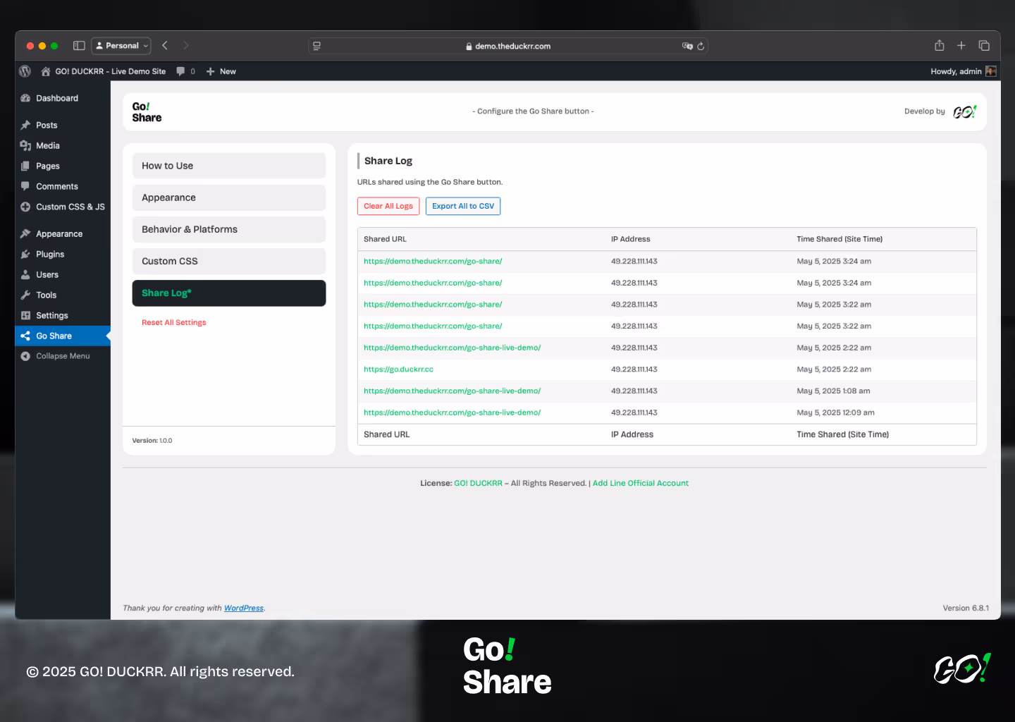 Share log page for go share plugin.