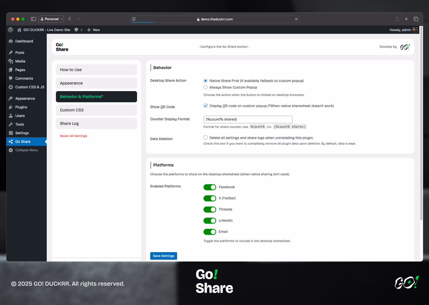 Behavior and platfrom setting for go share plugin.