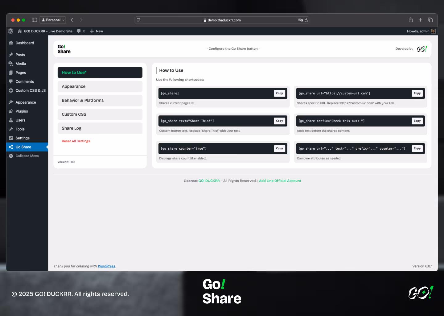 Hompage for go share plugin for how to use shortcode in wordpress.